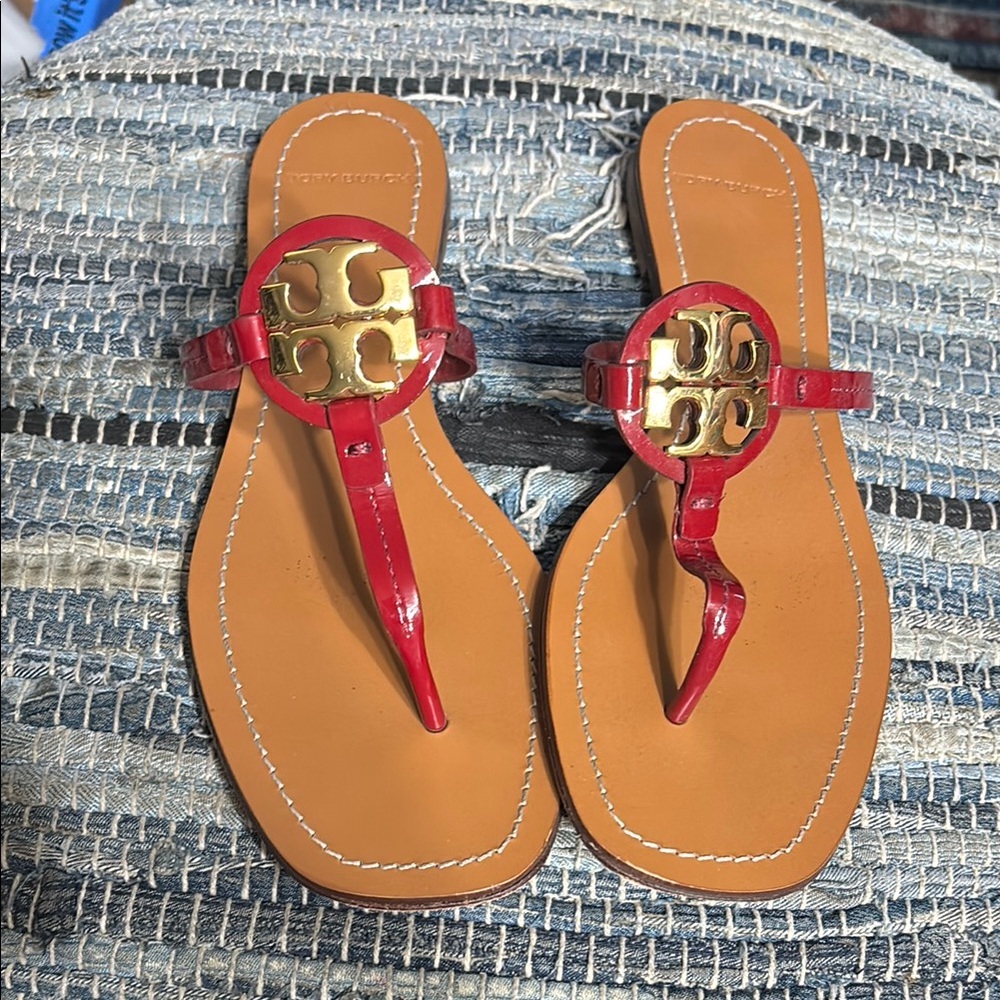 Tory Burch Red and Gold Sandals with Patent Leather